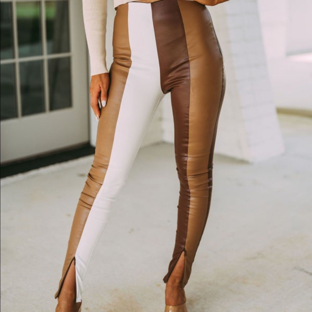 Pleather pull on pants with zippers